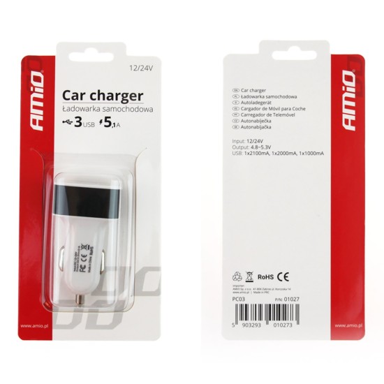 Amio - ΦΟΡΤΙΣΤΗΣ ΑΝΑΠΤΗΡΑ ΜΕ 3 ΘΥΡΕΣ USB 12/24V 5100mA (1Α, 2Α, 2.1Α) - 1 ΤΕΜ. (01027/AM)