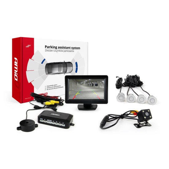 Amio - Σύστημα Παρκαρίσματος με 4 αισθητήρες, κάμερα HD-315 και οθόνη TFT01 τάση λειτουργίας 12V διάσταση 22mm χρώμα Ασημί για Επιβατικά Αυτοκίνητα - 1 σετ (01102/AM)