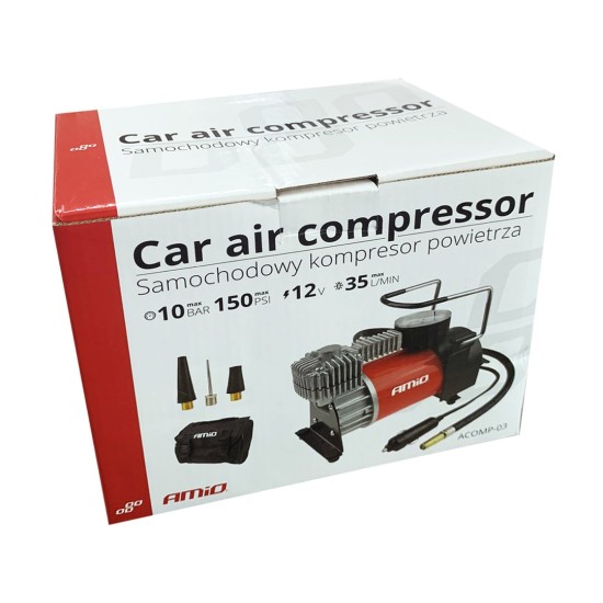 Amio - ΚΟΜΠΡΕΣΕΡ ΑΕΡΑ ΜΕΤΑΛΛΙΚΟ 12V 10BAR-150PSI-35L/min ΜΕ ΘΗΚΗ/ΜΑΝΟΜΕΤΡΟ/ΦΙΣ ΑΝΑΠΤΗΡΑ/3 ΑΝΤΑΠΤΟΡΕΣ/ΚΑΛΩΔΙΟ 300 cm - 1 ΤΕΜ. (01135/AM)