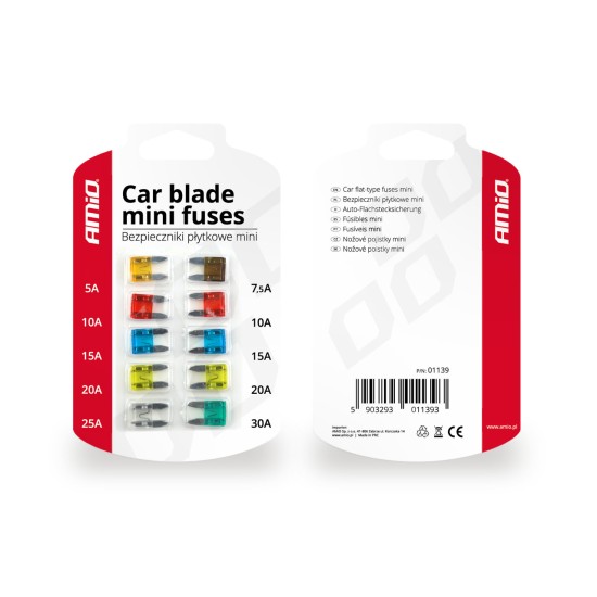 Amio - ΑΣΦΑΛΕΙΕΣ MINI ΔΙΑΦΟΡΕΣ ΣΕ ΚΑΡΤΕΛΑ 1x5A/1x7.5A/2x10A/2x15A/2x20A/1x25A/1x30A - 10 ΤΕΜ. (01139/AM)