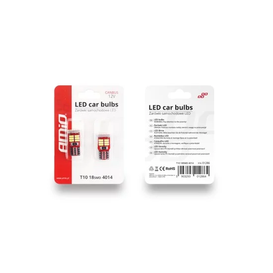 Amio - T10 W5W 12V 2,2W LED CAN-BUS 18xSMD4014 ΛΕΥΚΟ 5600K 12x23mm 2ΤΕΜ. (01286/AM)