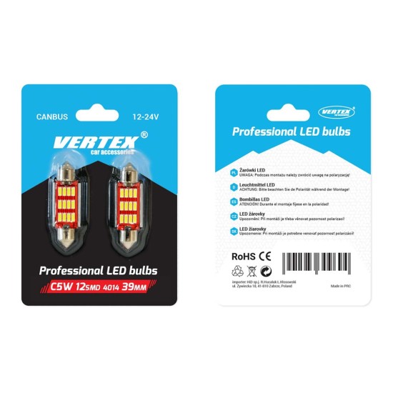 Amio - Λαμπάκια Πλαφονιέρας LED 39mm 12/24V 2.9W 5600K 12LED C5W Festoon Canbus Λευκό Φως για Εσωτερικό Φωτισμό και Πινακίδα Αυτοκινήτου - 2 τεμ. (01290/AM)