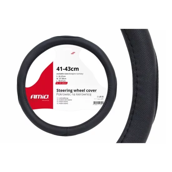 Amio - Κάλυμμα Τιμονιού SWC-09-XL Μαύρο από Τεχνόδερμα Διάμετρος 41/43cm για Προστασία και Άνεση Τιμονιού για Επιβατικά και Επαγγελματικά Αυτοκίνητα - 1 τεμ. (01367/AM)