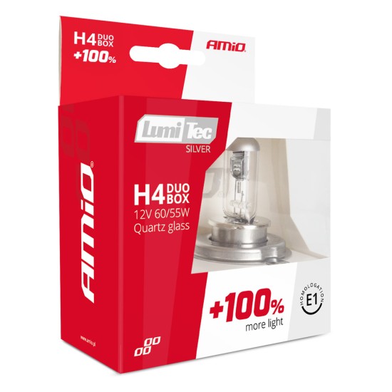 Amio - H4 12V 60/55W P43t LUMITEC SILVER ΑΛΟΓΟΝΟΥ +100% UP TO 25m - 2 ΤΕΜ. (01402/AM)