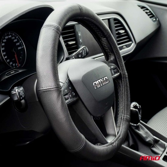 Amio - Κάλυμμα Τιμονιού Δερμάτινο διαμέτρου 39/41cm σε μαύρο χρώμα για Επιβατικά Αυτοκίνητα και Van - 1 τεμ. (01767/AM)