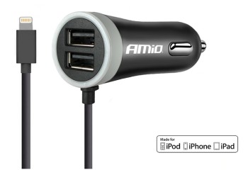 Amio - ΦΟΡΤΙΣΤΗΣ ΑΝΑΠΤΗΡΑ 12V 2,4A ΜΕ 2 ΘΥΡΕΣ USB + 1 LIGHTNING USB ΜΕ ΚΑΛΩΔΙΟ – 1 ΤΕΜ. (02057/AM)