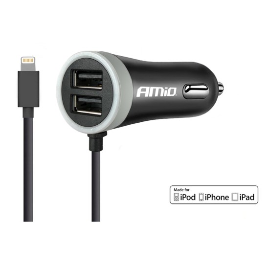 Amio - ΦΟΡΤΙΣΤΗΣ ΑΝΑΠΤΗΡΑ 12V 2,4A ΜΕ 2 ΘΥΡΕΣ USB + 1 LIGHTNING USB ΜΕ ΚΑΛΩΔΙΟ – 1 ΤΕΜ. (02057/AM)