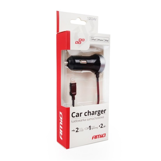 Amio - ΦΟΡΤΙΣΤΗΣ ΑΝΑΠΤΗΡΑ 12V 2,4A ΜΕ 2 ΘΥΡΕΣ USB + 1 LIGHTNING USB ΜΕ ΚΑΛΩΔΙΟ – 1 ΤΕΜ. (02057/AM)