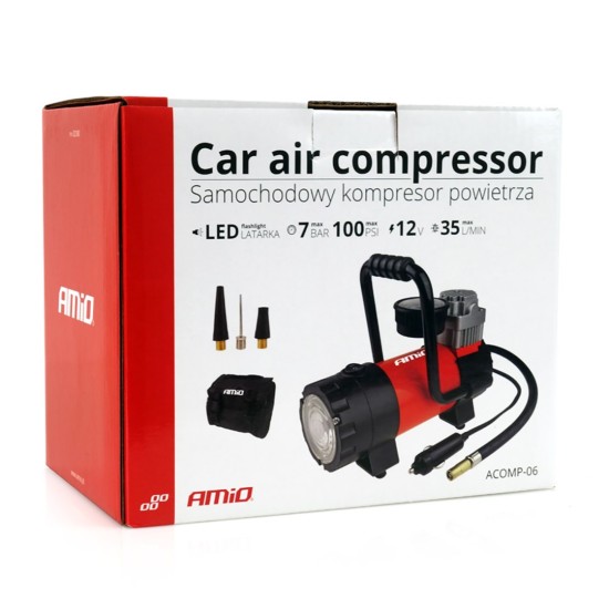 Amio - ΚΟΜΠΡΕΣΕΡ ΑΕΡΑ ΕΛΑΣΤΙΚΩΝ ΜΕΤΑΛΛΙΚΟΣ ACOMP-06 12V 100psi 7bar 28l/min ΜΕ ΦΙΣ ΑΝΑΠΤΗΡΑ ΚΑΙ ΚΑΛΩΔΙΟ 300cm ΚΑΙ ΦΑΚΟ LED - 1 ΤΕΜ. (02180/AM)