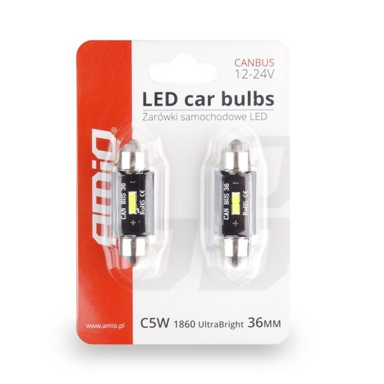 Amio - ΛΑΜΠΑΚΙΑ ΠΛΑΦΟΝΙΕΡΑΣ 36mm 12/24V 3,1W 5600K 1LED ULTRA BRIGHT CAN-BUS FESTOON (ΛΕΥΚΟ) - 2 ΤΕΜ. (02442/AM)