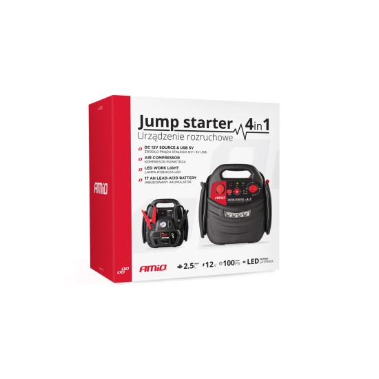 Amio - ΕΚΚΙΝΗΤΗΣ ΜΠΑΤΑΡΙΑΣ STARTER 4 ΣΕ 1 17Ah 12V DC 300A (700A max) 250PSI ΜΕ ΚΟΜΠΡΕΣΕΡ ΑΕΡΑ / ΜΑΝΟΜΕΤΡΟ / 3 LED / 2 ΠΡΙΖΕΣ 12V / 1 ΘΥΡΑ USB 5V 2,1A SENA ΓΙΑ ΒΕΝΖΙΝΗ ΚΑΙ DIESEL - 1 ΤΕΜ. (02523/AM)
