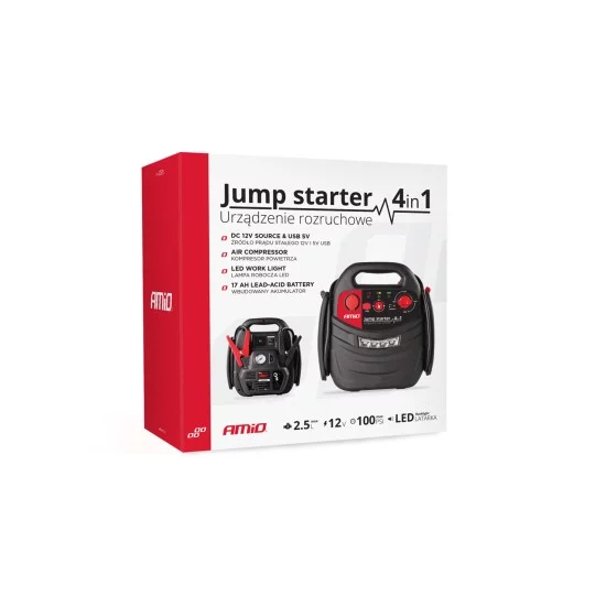 Amio - ΕΚΚΙΝΗΤΗΣ ΜΠΑΤΑΡΙΑΣ STARTER 4 ΣΕ 1 17Ah 12V DC 300A (700A max) 250PSI ΜΕ ΚΟΜΠΡΕΣΕΡ ΑΕΡΑ / ΜΑΝΟΜΕΤΡΟ / 3 LED / 2 ΠΡΙΖΕΣ 12V / 1 ΘΥΡΑ USB 5V 2,1A SENA ΓΙΑ ΒΕΝΖΙΝΗ ΚΑΙ DIESEL - 1 ΤΕΜ. (02523/AM)