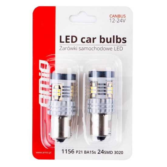 Amio - ΛΑΜΠΑΚΙΑ ΜΟΝΟΠΟΛΙΚΑ LED ΛΕΥΚΑ CAN-BUS P21W BA15S 12/24V 24xSMD 3020 - 2 TEM. (02797/AM)