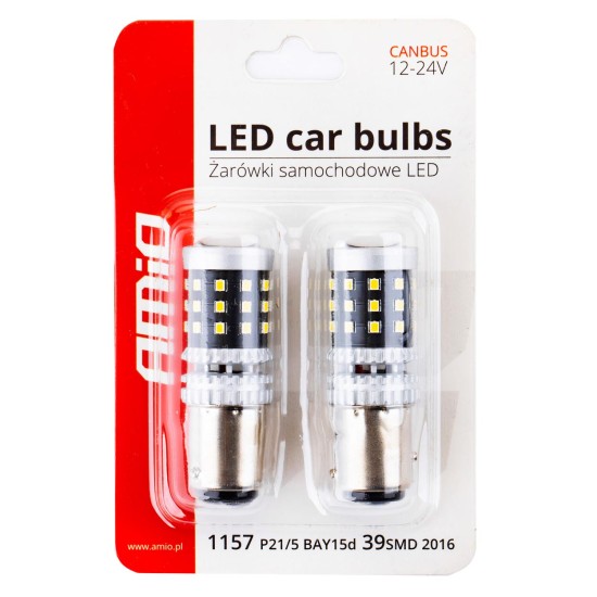 Amio - ΛΑΜΠΑΚΙΑ ΔΙΠΟΛΙΚΑ LED ΛΕΥΚΑ CAN-BUS P21/5w BAY15D 12/24V 39xSMD 2016 - 2 TEM. (02800/AM)