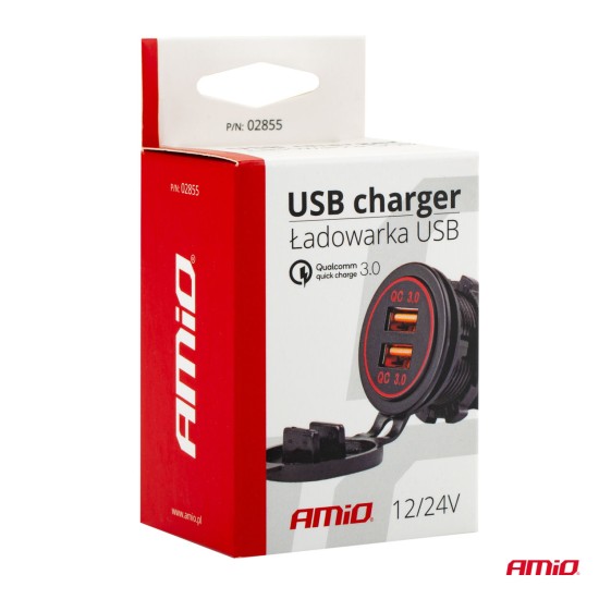 Amio - ΠΡΙΖΑ ΦΟΡΤΙΣΗΣ ΜΕ 2 ΘΥΡΕΣ USB 12/24V 3.0A Φ37mmX51mm QUICK CHARGE 12/24V MOD-05 - 1 τεμ. (02855/AM)