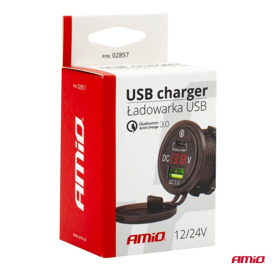 Amio - ΠΡΙΖΑ ΦΟΡΤΙΣΗΣ ΜΕ 2 ΘΥΡΕΣ USB + TYPE C ΚΑΙ ΨΗΦΙΑΚΟ ΒΟΛΤΟΜΕΤΡΟ ΜΕ ΚΑΠΑΚΙ ΜΑΥΡΗ 12/24V - 1 τεμ.5-12V 3.0A QUICK CHARGER MOD-07 (02857/AM)