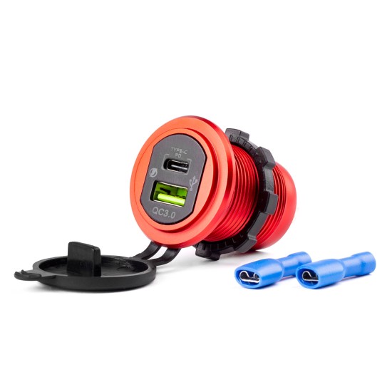 Amio - ΠΡΙΖΑ ΦΟΡΤΙΣΗΣ ΜΕ 2 ΘΥΡΕΣ USB + TYPE C ΚΑΙ ΚΑΠΑΚΙ ΚΟΚΚΙΝΗ 12/24V 5-12V 3.0A QUICK CHARGER MOD-09 -1 ΤΕΜ. (02859/AM)