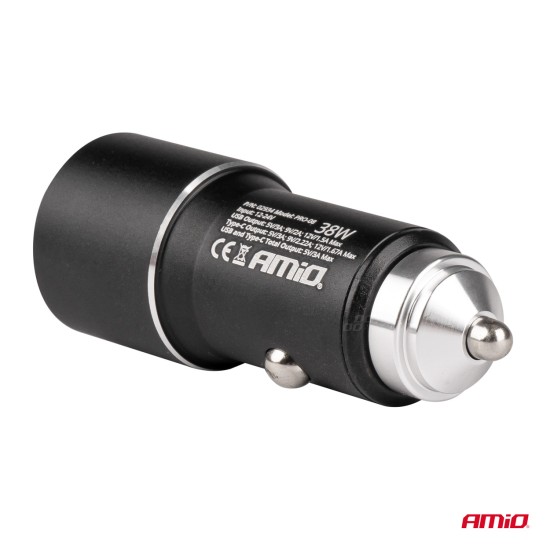 Amio - ΦΟΡΤΙΣΤΗΣ ΑΝΑΠΤΗΡΑ ΚΙΝΗΤΩΝ ΑΛΟΥΜΙΝΙΟΥ 12/24V USB + USB TYPE C 38W FAST CHARGE PRO-08 - 1 τεμ. (02934/AM)