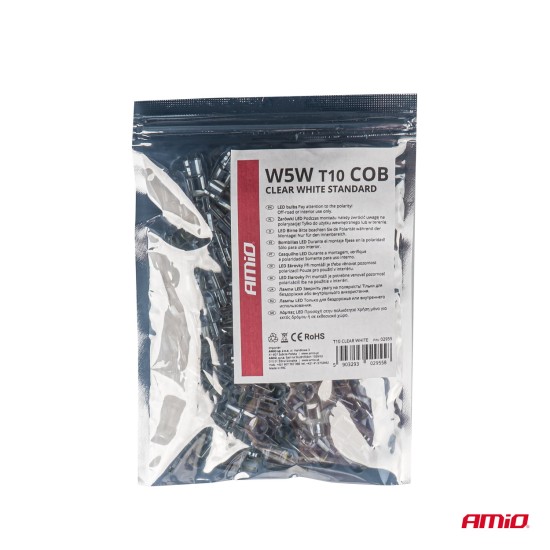 Amio - T10 W5W 12V COB LED ΛΕΥΚΟ ΧΡΩΜΑ CLEAR WHITE 100ΤΕΜ. (02955/AM)