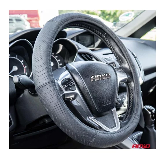 Amio - ΚΑΛΥΜΜΑ ΤΙΜΟΝΙΟΥ ΑΠΟ ΤΕΧΝΟΔΕΡΜΑ (L) 39-41cm SWC-50-L ΣΕ ΜΑΥΡΟ ΧΡΩΜΑ ΤΡΥΠΗΤΟ ΜΕ ΜΑΥΡΕΣ ΡΑΦΕΣ - 1 ΤΕΜ. (03557/AM)