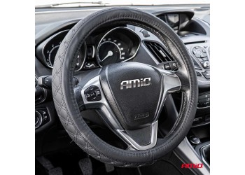 Amio - ΚΑΛΥΜΜΑ ΤΙΜΟΝΙΟΥ ΑΠΟ ΔΕΡΜΑ (S) 35-37cm SWC-51-S ΣΕ ΜΑΥΡΟ ΧΡΩΜΑ ΜΕ ΜΑΥΡΕΣ ΡΑΦΕΣ - 1 Τεμ. (03560/AM)