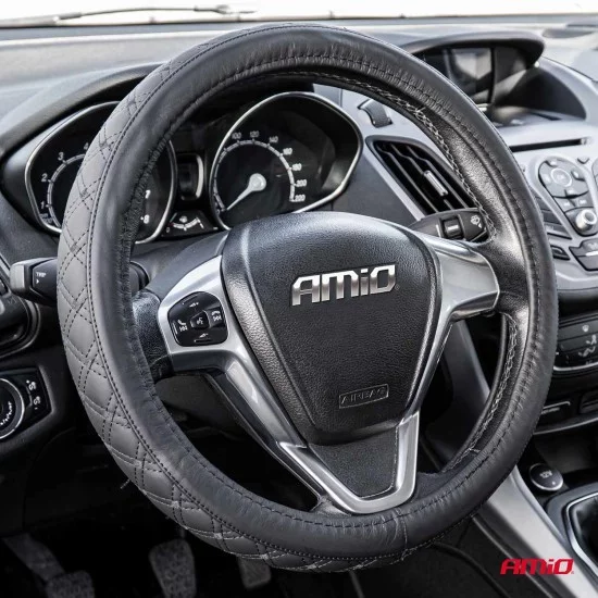 Amio - ΚΑΛΥΜΜΑ ΤΙΜΟΝΙΟΥ ΑΠΟ ΔΕΡΜΑ (S) 35-37cm SWC-51-S ΣΕ ΜΑΥΡΟ ΧΡΩΜΑ ΜΕ ΜΑΥΡΕΣ ΡΑΦΕΣ - 1 Τεμ. (03560/AM)