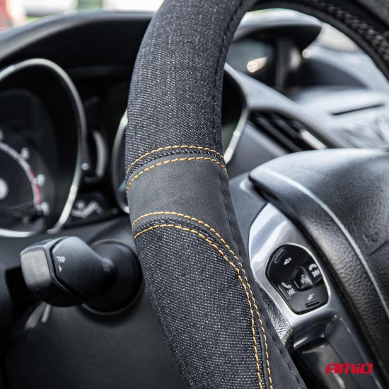 Amio - ΚΑΛΥΜΜΑ ΤΙΜΟΝΙΟΥ ΜΑΥΡΟ ΤΖΙΝ/DENIM (M) 37-39cm SWC-52-M ΜΕ ΜΑΥΡΕΣ & ΚΙΤΡΙΝΕΣ ΡΑΦΕΣ - 1 Τεμ. (03565/AM)