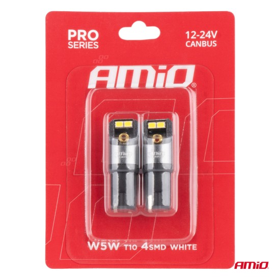 Amio - ΛΑΜΠΑΚΙΑ T10 W5W 12/24V 6.000K 4xSMD LED CAN-BUS ΛΕΥΚΟ 2016 PRO SERIES - 2 Τεμ. (03577/AM)