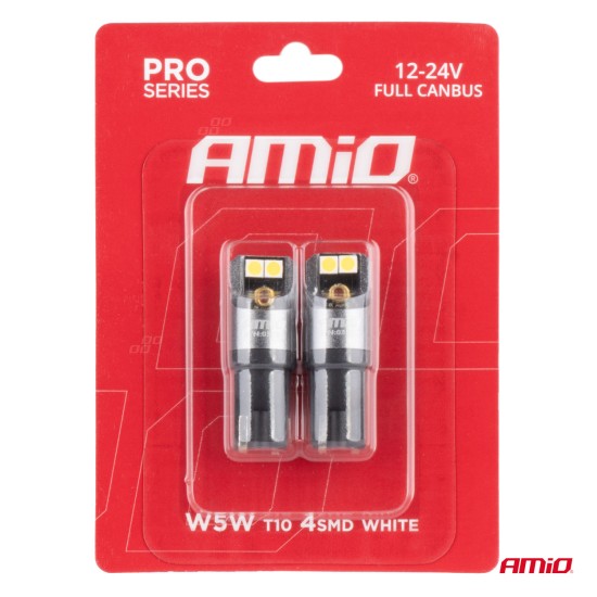 Amio - ΛΑΜΠΑΚΙΑ T10 W5W 12/24V 6.000K 4xSMD LED FULL CAN-BUS ΛΕΥΚΟ 3030 PRO SERIES - 2 Τεμ. (03580/AM)