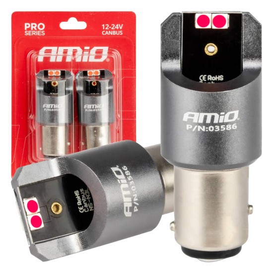 Amio - ΛΑΜΠΑΚΙΑ P21/5W BAY15d 12/24V 6.000K 4xSMD LED CAN-BUS ΚΟΚΚΙΝΟ PRO SERIES - 2 Τεμ. (03586/AM)