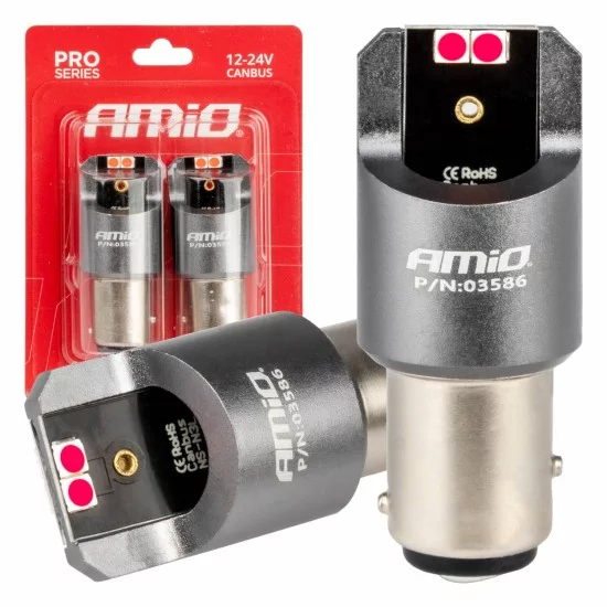 Amio - ΛΑΜΠΑΚΙΑ P21/5W BAY15d 12/24V 6.000K 4xSMD LED CAN-BUS ΚΟΚΚΙΝΟ PRO SERIES - 2 Τεμ. (03586/AM)