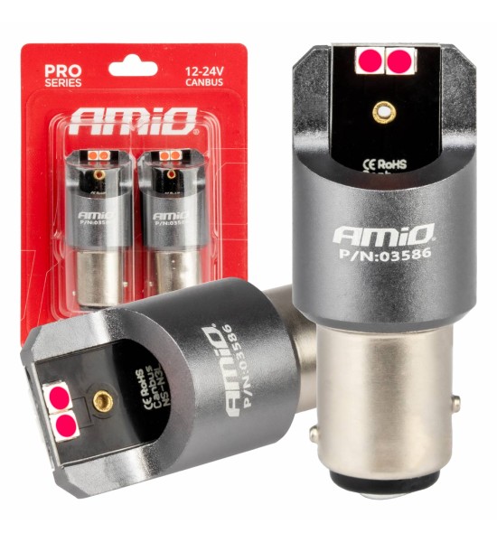 Amio - ΛΑΜΠΑΚΙΑ P21/5W BAY15d 12/24V 6.000K 4xSMD LED CAN-BUS ΚΟΚΚΙΝΟ PRO SERIES - 2 Τεμ. (03586/AM)