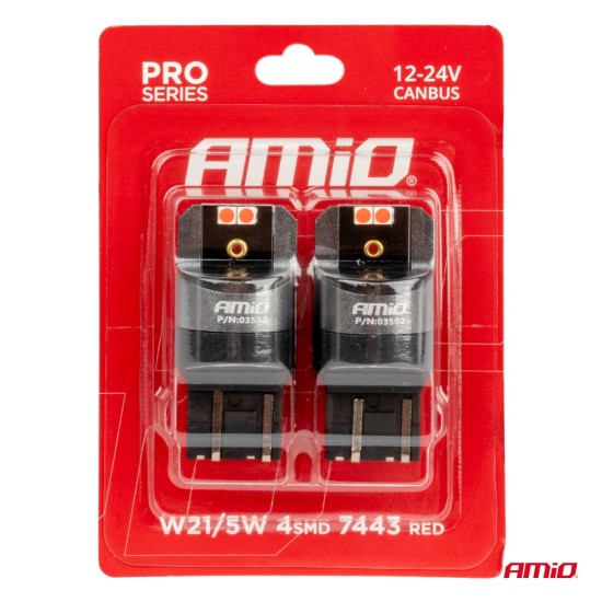 Amio - ΛΑΜΠΑΚΙΑ W21/5W 7443 12/24V 6.000K 4xSMD LED CAN-BUS ΚΟΚΚΙΝΟ PRO SERIES - 2 Τεμ. (03592/AM)