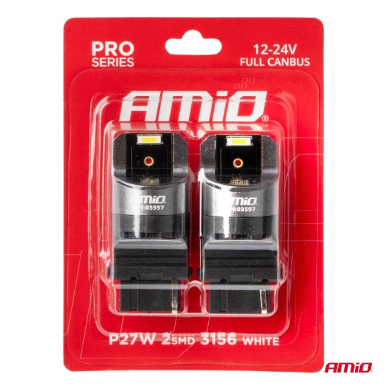 Amio - ΛΑΜΠΑΚΙΑ P27W 12/24V 6.000K 2SMD LED FULL CAN-BUS ΛΕΥΚΟ PRO SERIES - 2 Τεμ. (03597/AM)