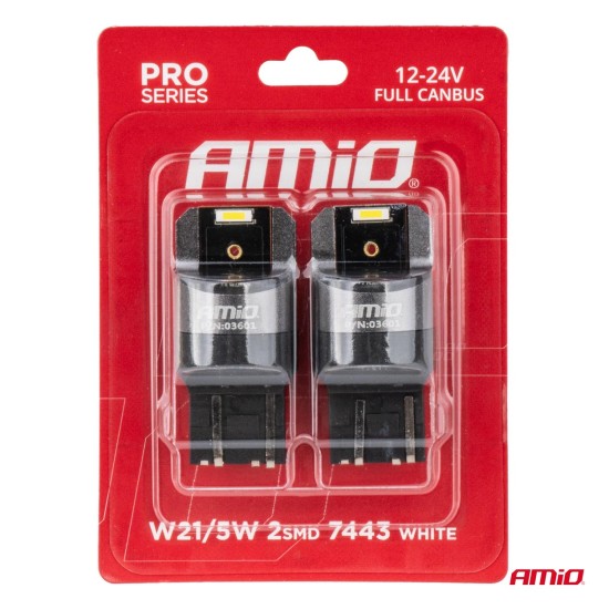 Amio - ΛΑΜΠΑΚΙΑ W21/5W 7443 12/24V 6.000K 2xSMD LED FULL CAN-BUS ΛΕΥΚΟ PRO SERIES - 2 Τεμ. (03601/AM)