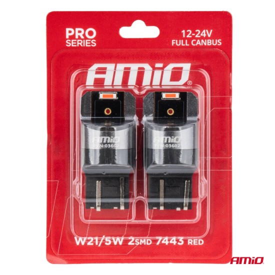 Amio - ΛΑΜΠΑΚΙΑ W21/5W 7443 12/24V 6.000K 2xSMD LED FULL CAN-BUS ΚΟΚΚΙΝΟ PRO SERIES - 2 Τεμ. (03602/AM)