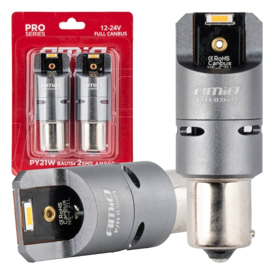 Amio - ΛΑΜΠΑΚΙΑ PY21W BAU15s 12/24V 6.000K 2xSMD LED FULL CAN-BUS(ΜΕ ΑΝΕΜΙΣΤΗΡΑΚΙ) ΠΟΡΤΟΚΑΛΙ PRO SERIES - 2 Τεμ. (03604/AM)