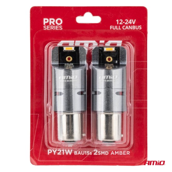 Amio - ΛΑΜΠΑΚΙΑ PY21W BAU15s 12/24V 6.000K 2xSMD LED FULL CAN-BUS(ΜΕ ΑΝΕΜΙΣΤΗΡΑΚΙ) ΠΟΡΤΟΚΑΛΙ PRO SERIES - 2 Τεμ. (03604/AM)