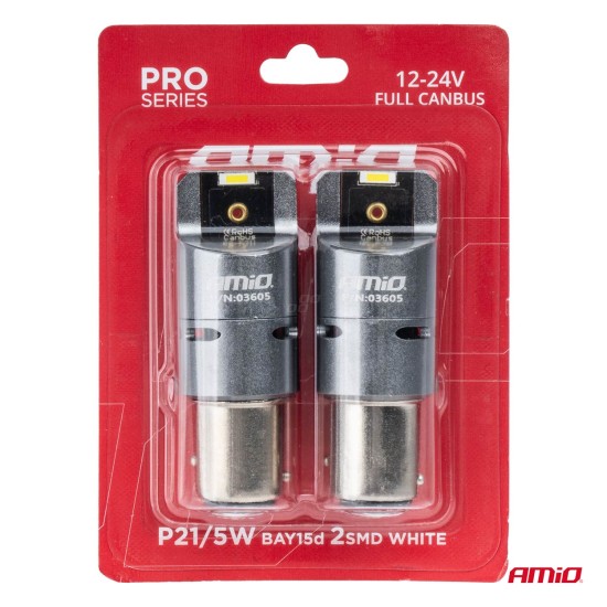 Amio - P21/5W BAY15s 12/24V 6.000K 2xSMD LED(ΜΕ ΑΝΕΜΙΣΤΗΡΑΚΙ) FULL CAN-BUS ΛΕΥΚΟ PRO SERIES - 2 Τεμ. (03605/AM)