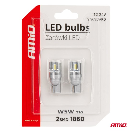 Amio - ΛΑΜΠΑΚΙΑ LED T10 W5W 12/24V LED 2x1860SMD STANDARD ΛΕΥΚΑ - 2 ΤΕΜ. (03719/AM)