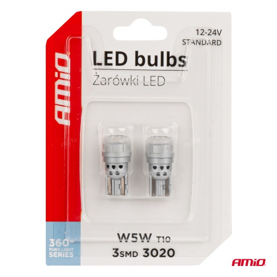 Amio - ΛΑΜΠΑΚΙΑ LED T10 W5W 12/24V 3x3020 SMD LED ΛΕΥΚΟ PURE LIGHT SERIES - 2 ΤΕΜ. (03725/AM)