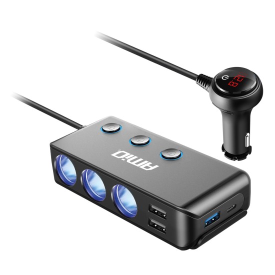 Amio - ΒΟΛΤΟΜΕΤΡΟ 12/24V 200W 5V ΜΕ ΦΙΣ ΑΝΑΠΤΗΡΑ ΚΑΙ ΠΡΟΕΚΤΑΣΗ ΜΕ 3 ΥΠΟΔΟΧΕΣ ΦΙΣ ΑΝΑΠΤΗΡΑ+3xUSB-C+USB-C - 1 Τεμ. (03781/AM)