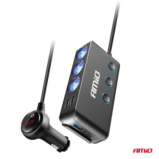 Amio - ΒΟΛΤΟΜΕΤΡΟ 12/24V 200W 5V ΜΕ ΦΙΣ ΑΝΑΠΤΗΡΑ ΚΑΙ ΠΡΟΕΚΤΑΣΗ ΜΕ 3 ΥΠΟΔΟΧΕΣ ΦΙΣ ΑΝΑΠΤΗΡΑ+3xUSB-C+USB-C - 1 Τεμ. (03781/AM)