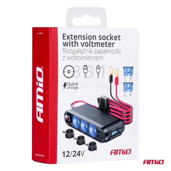 Amio - ΑΝΤΑΠΤΟΡΑΣ ΑΝΑΠΤΗΡΑ ΜΕ ΒΟΛΤΟΜΕΤΡΟ ΜΕ 3 ΥΠΟΔΟΧΕΣ USB-C+USB-C12/24V 300W 5V/3AQC - 1 Τεμ. (03782/AM)