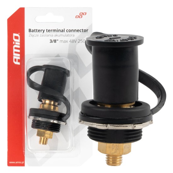 Amio - ΠΟΛΟΣ ΜΠΑΤΑΡΙΑΣ ΑΡΝΗΤΙΚΟΣ 3/8'' M10 max.48V 250A ΣΕ ΜΑΥΡΟ ΧΡΩΜΑ ΜΕ ΚΑΠΑΚΙ - 1 Τεμ. (03813/AM)