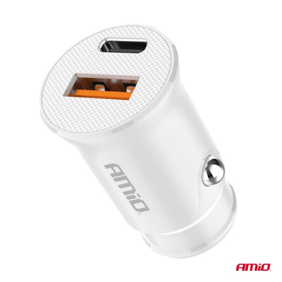 Amio - ΦΟΡΤΙΣΤΗΣ ΑΝΑΠΤΗΡΑ 12/24V ΜΕ 2 ΘΥΡΕΣ USB-C+USB 20W 5V/3AQC ΤΑΧΕΙΑΣ ΦΟΡΤΙΣΗΣ ΛΕΥΚΟΣ - 1 Τεμ. (03877/AM)