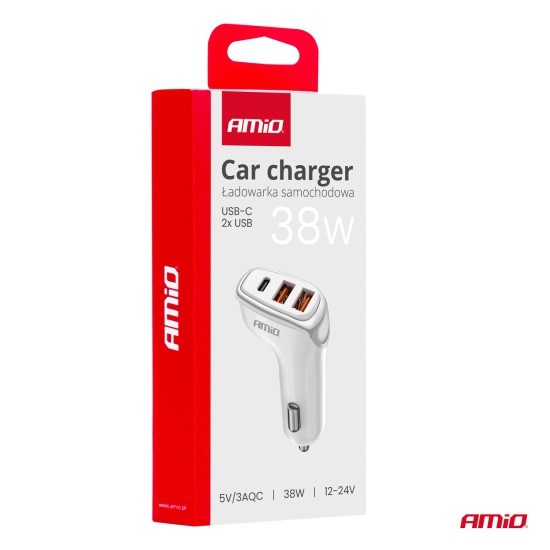 Amio - ΦΟΡΤΙΣΤΗΣ ΑΝΑΠΤΗΡΑ 12/24V ΜΕ 3 ΘΥΡΕΣ USB-C+2xUSB 38W 5V/3AQC ΤΑΧΕΙΑΣ ΦΟΡΤΙΣΗΣ ΛΕΥΚΟΣ - 1 Τεμ. (03886/AM)