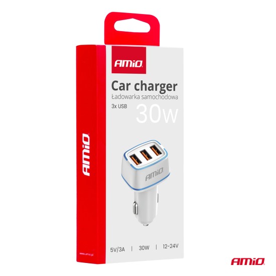 Amio - ΦΟΡΤΙΣΤΗΣ ΑΝΑΠΤΗΡΑ 12/24V ΜΕ 3 ΘΥΡΕΣ 3xUSB 30W 5V/3.0A ΛΕΥΚΟΣ 1 - 1 ΤΕΜ. (03889/AM)