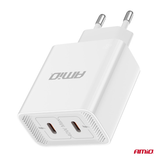 Amio - ΦΟΡΤΙΣΤΗΣ ΚΙΝΗΤΟY ΟΙΚΙΑΚΗ ΠΡΙΖΑ 2ΘΥΡΕΣ 2xUSB-C 40W 5V/3AQC ΛΕΥΚΟΣ - 1 ΤΕΜ. (03892/AM)