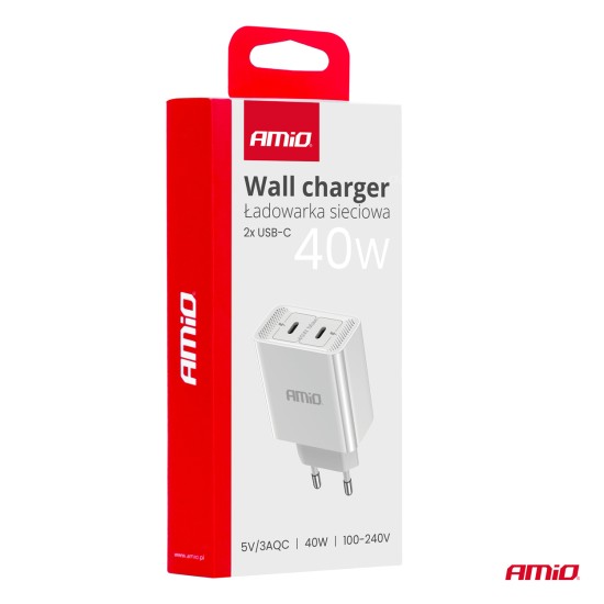 Amio - ΦΟΡΤΙΣΤΗΣ ΚΙΝΗΤΟY ΟΙΚΙΑΚΗ ΠΡΙΖΑ 2ΘΥΡΕΣ 2xUSB-C 40W 5V/3AQC ΛΕΥΚΟΣ - 1 ΤΕΜ. (03892/AM)
